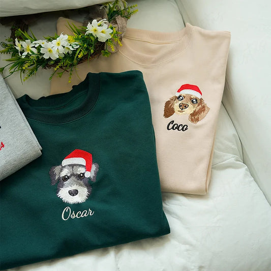 Custom Embroidered Pet Portrait Christmas Jumper Sweatshirt Hoodie – Personalized Xmas Gift for Dog & Cat Lovers