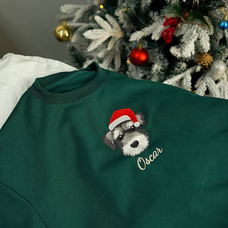 Custom Embroidered Pet Portrait Christmas Sweatshirt Hoodie Christmas Keepsake Gift for Dog & Cat Lovers