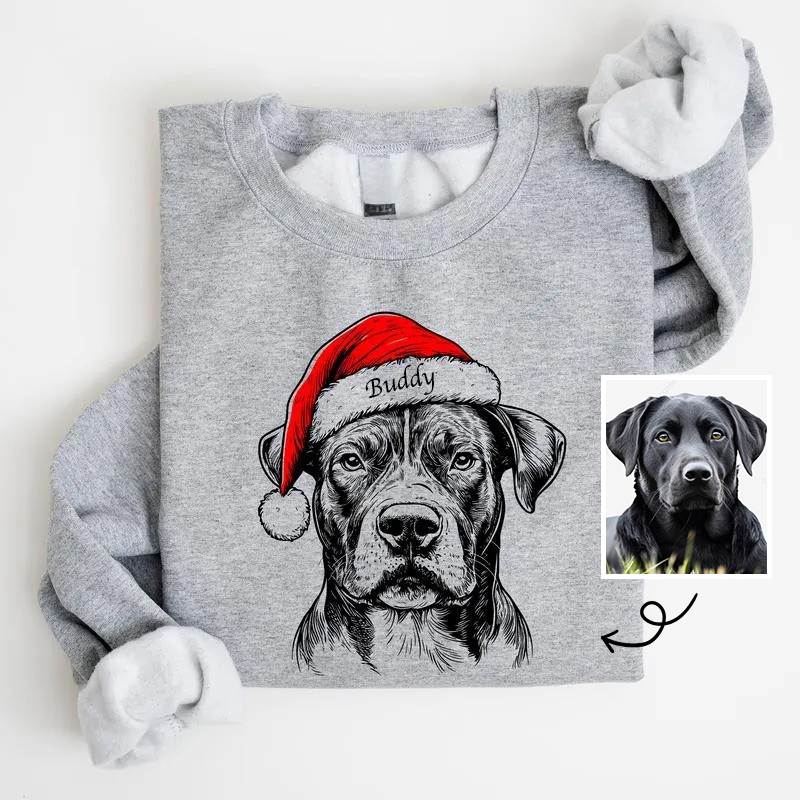 Custom Pet Christmas Sweatshirt - Personalized Dog/Cat Santa Hat Graphic Crewneck