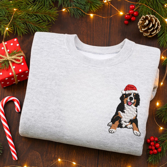 Custom Embrodied Pet Portrait Christmas Sweatshirt with Santa Hat Christmas Keepsake Gift For Dog Cat Pet Lovers