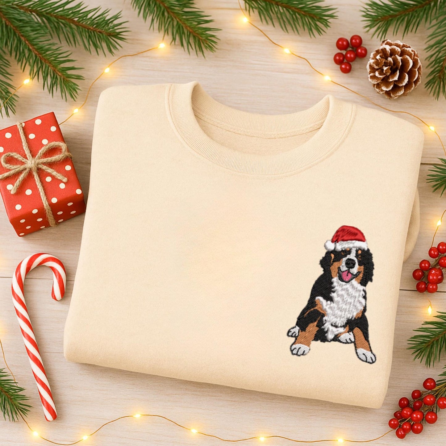 Custom Embrodied Pet Portrait Christmas Sweatshirt with Santa Hat Christmas Keepsake Gift For Dog Cat Pet Lovers