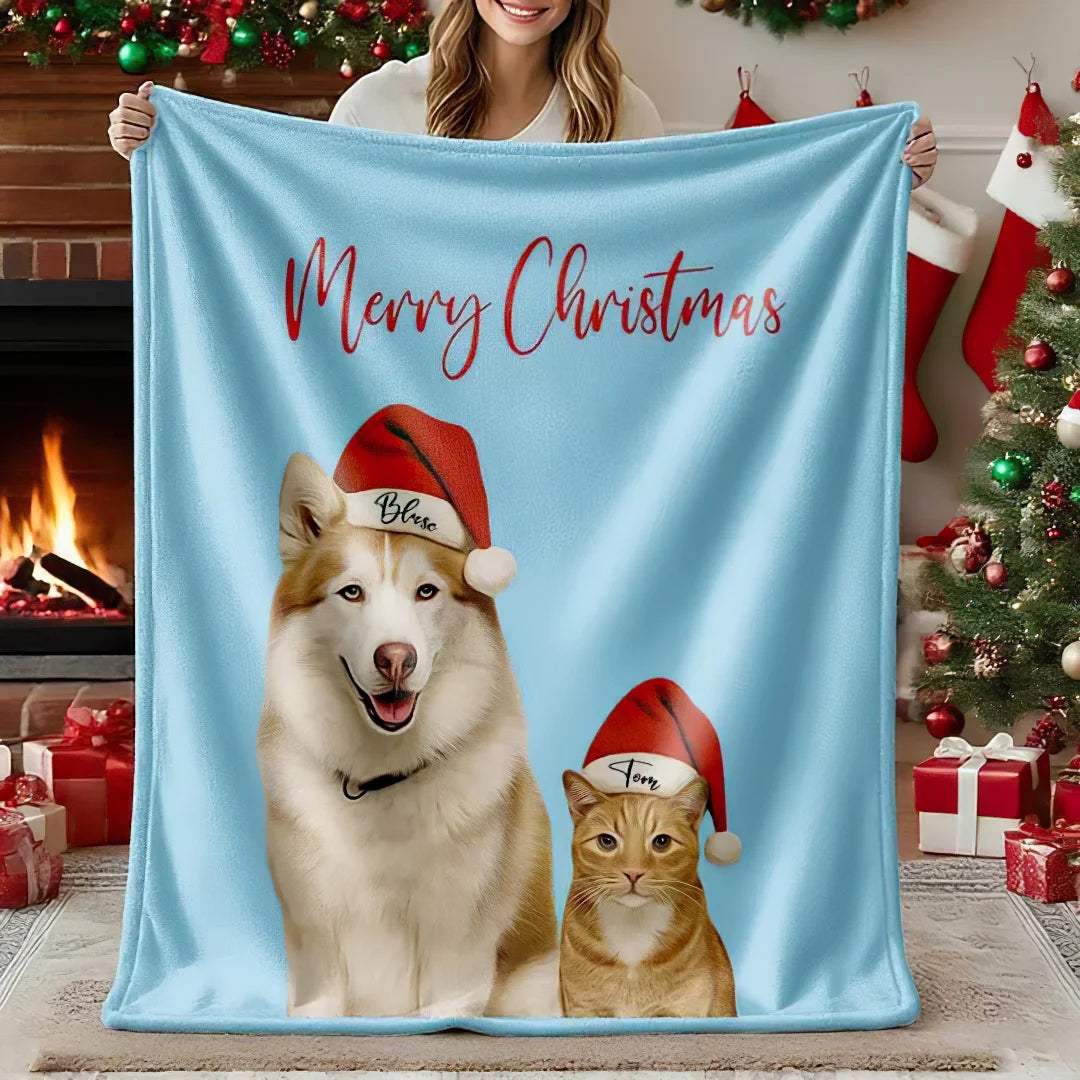 Personalized Christmas Pet Portrait Blanket Custom Dog Cat Photo Blanket Christmas Gift For Pet Lovers