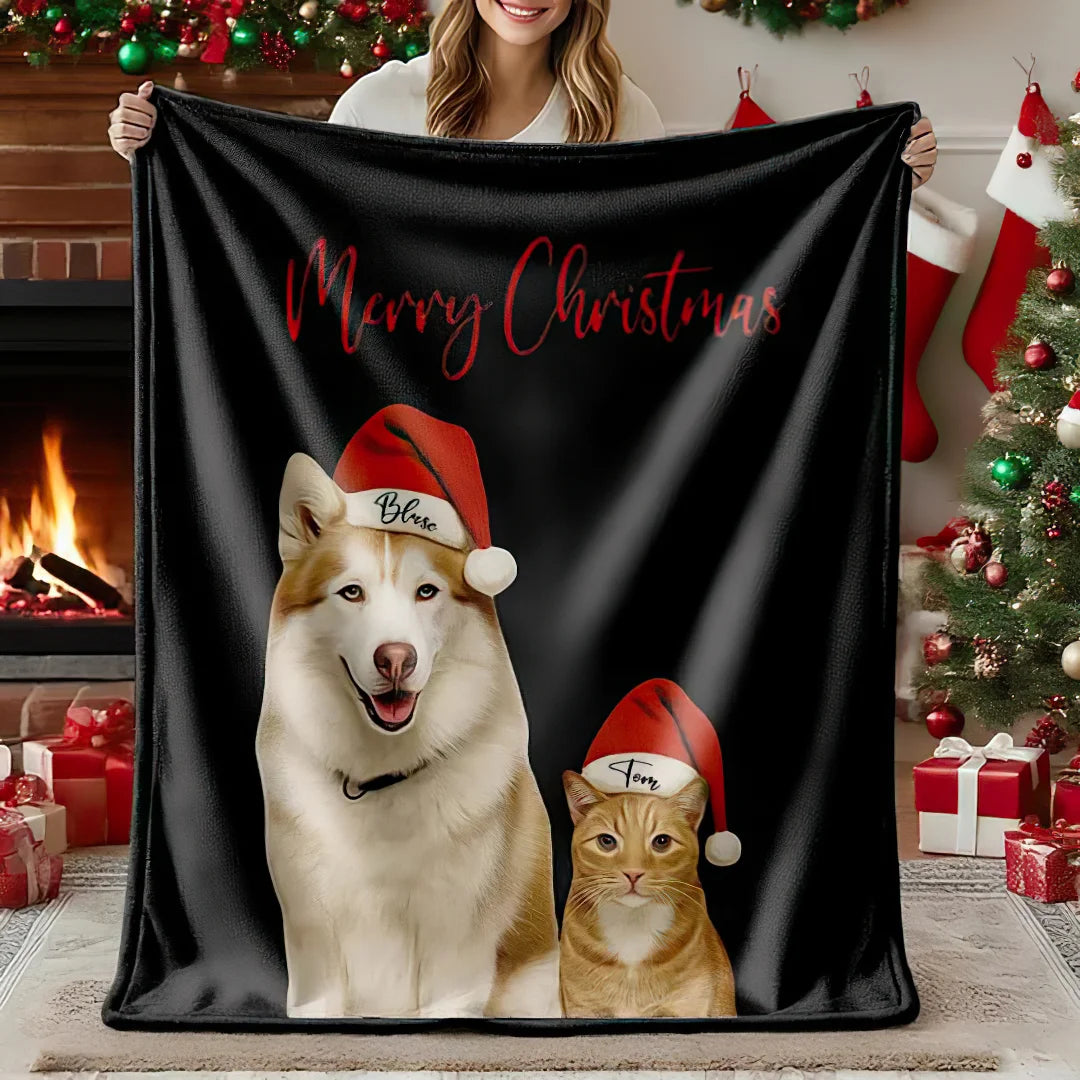 Personalized Christmas Pet Portrait Blanket Custom Dog Cat Photo Blanket Christmas Gift For Pet Lovers