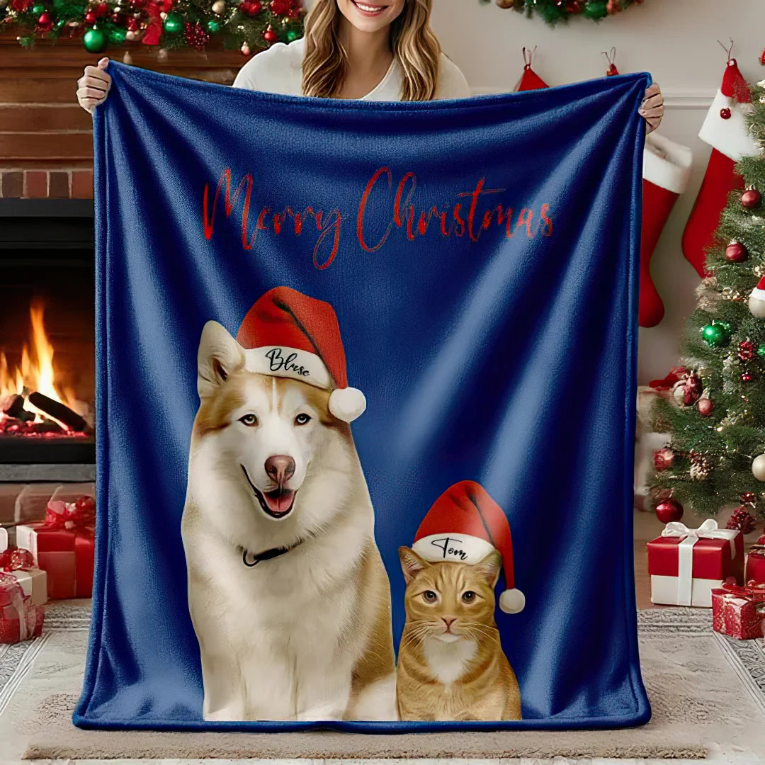 Personalized Christmas Pet Portrait Blanket Custom Dog Cat Photo Blanket Christmas Gift For Pet Lovers