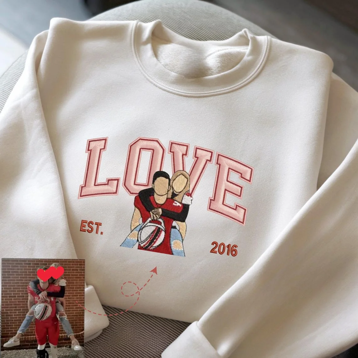 Personalized Embroidered Photo Couple LOVE Est Year Sweatshirt/Hoodie/T-shirt Valentines Gift For Lovers