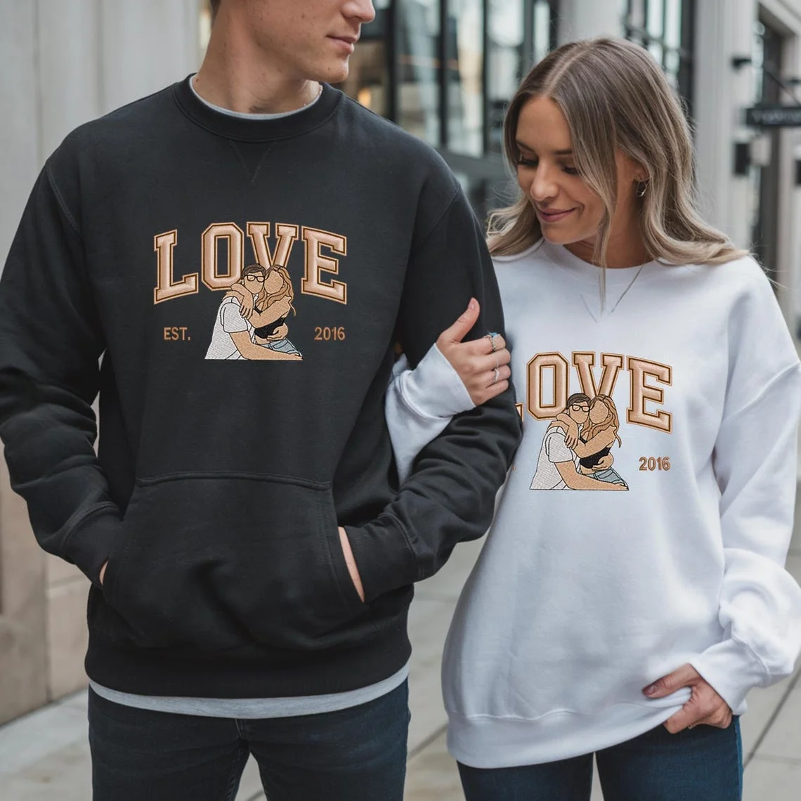 Personalized Embroidered Photo Couple LOVE Est Year Sweatshirt/Hoodie/T-shirt Valentines Gift For Lovers