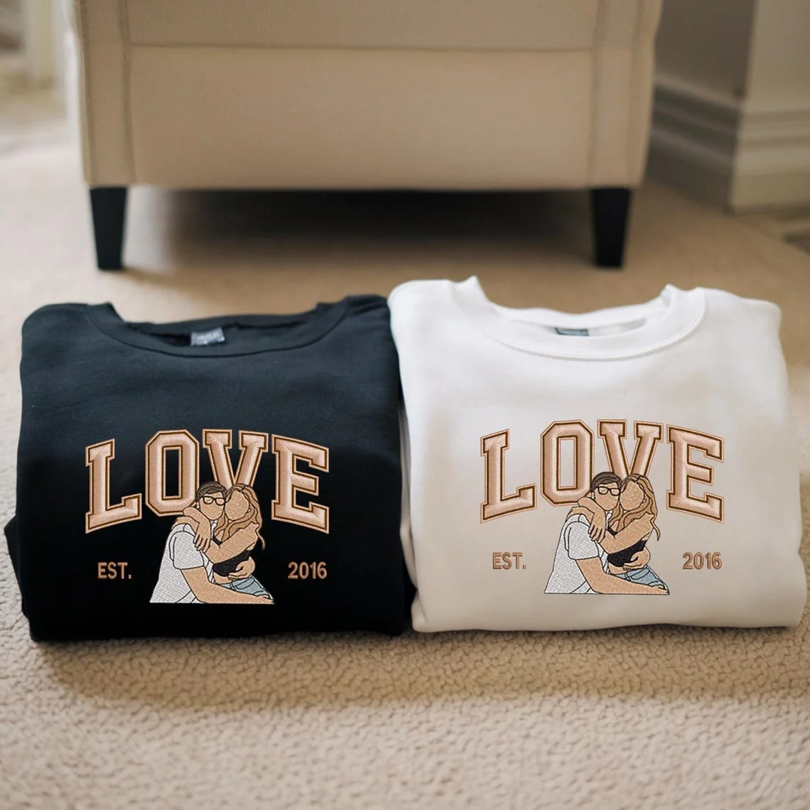 Personalized Embroidered Photo Couple LOVE Est Year Sweatshirt/Hoodie/T-shirt Valentines Gift For Lovers