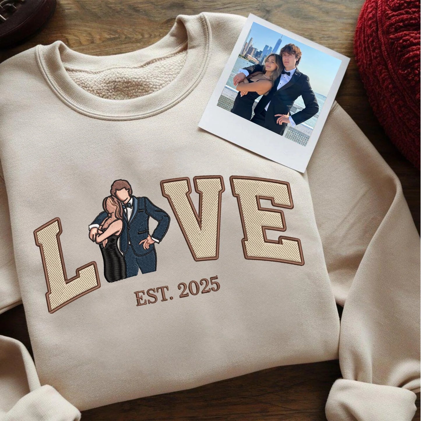 Personalized Embroidered Photo Couple LOVE Est Year Sweatshirt/Hoodie/T-shirt Valentines Gift For Lovers