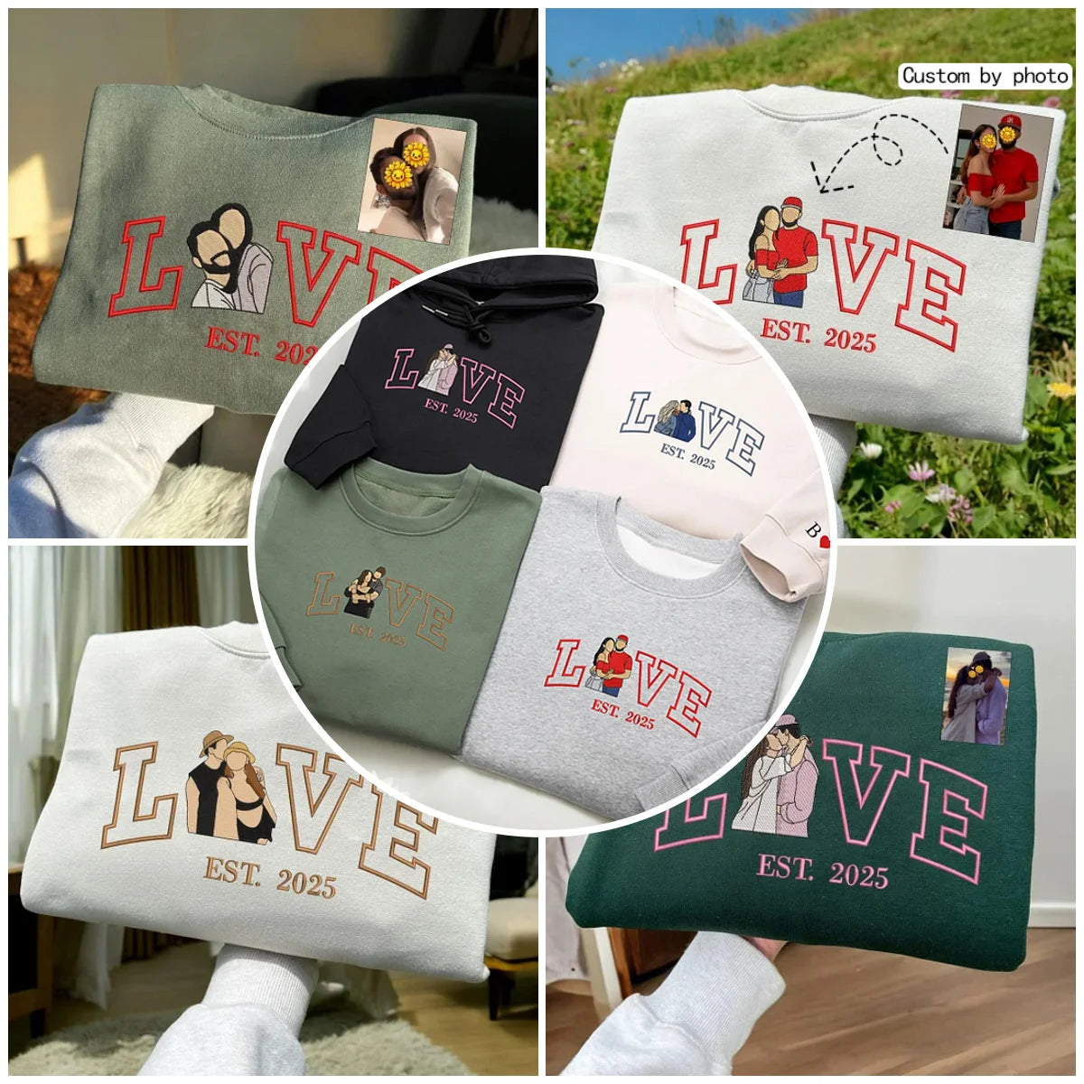 Personalized Embroidered Photo Couple LOVE Est Year Sweatshirt/Hoodie/T-shirt Valentines Gift For Lovers