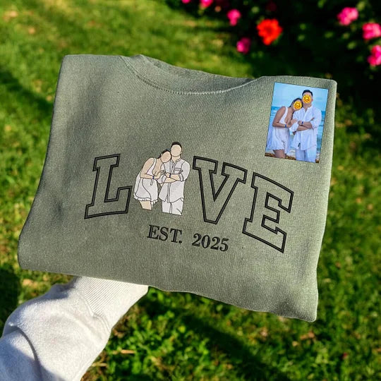 Personalized Embroidered Photo Couple LOVE Est Year Sweatshirt/Hoodie/T-shirt Valentines Gift For Lovers