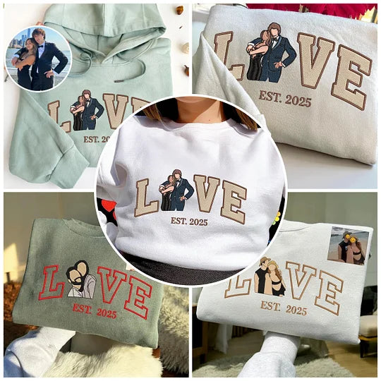 Personalized Embroidered Photo Couple LOVE Est Year Sweatshirt/Hoodie/T-shirt Valentines Gift For Lovers
