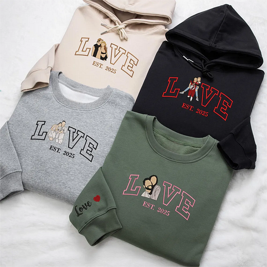 Personalized Embroidered Photo Couple LOVE Est Year Sweatshirt/Hoodie/T-shirt Valentines Gift For Lovers