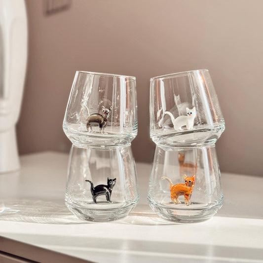 Handmade Cat Figurine Glass Cup 3D Cat Wine Glass Cat Lover Gift