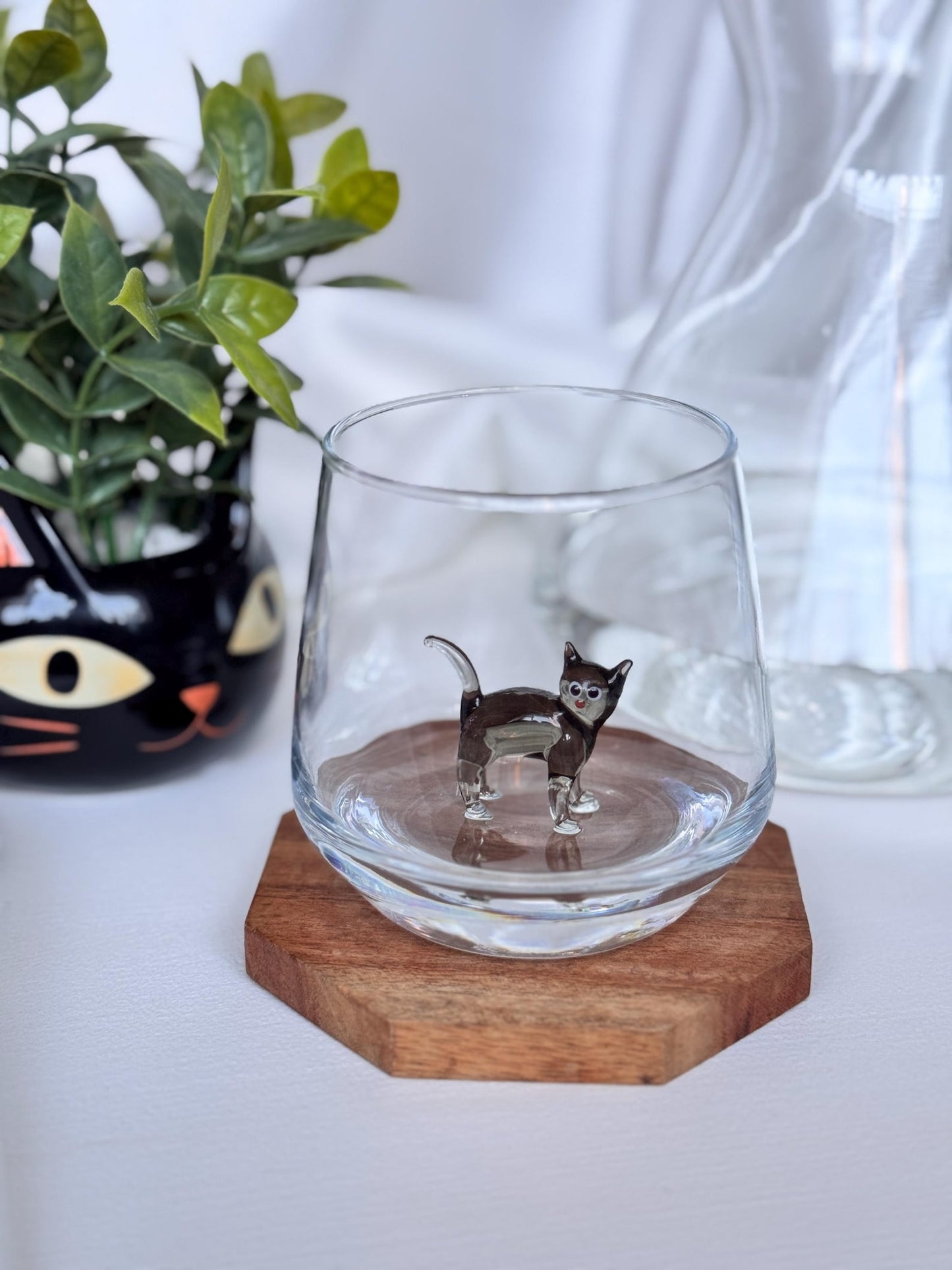 Handmade Cat Figurine Glass Cup 3D Cat Wine Glass Cat Lover Gift