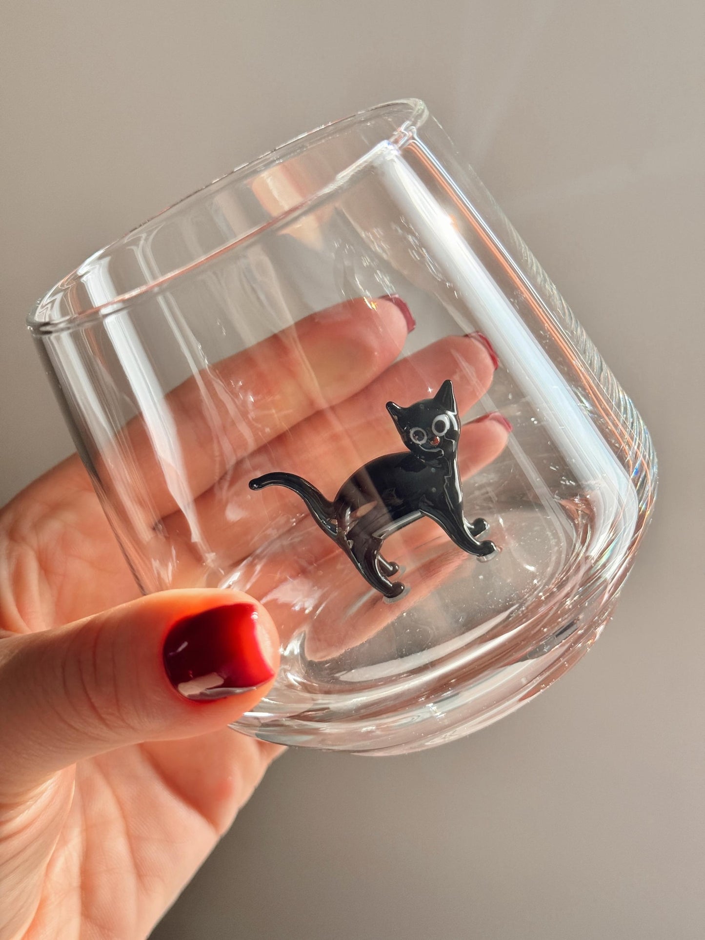 Handmade Cat Figurine Glass Cup 3D Cat Wine Glass Cat Lover Gift