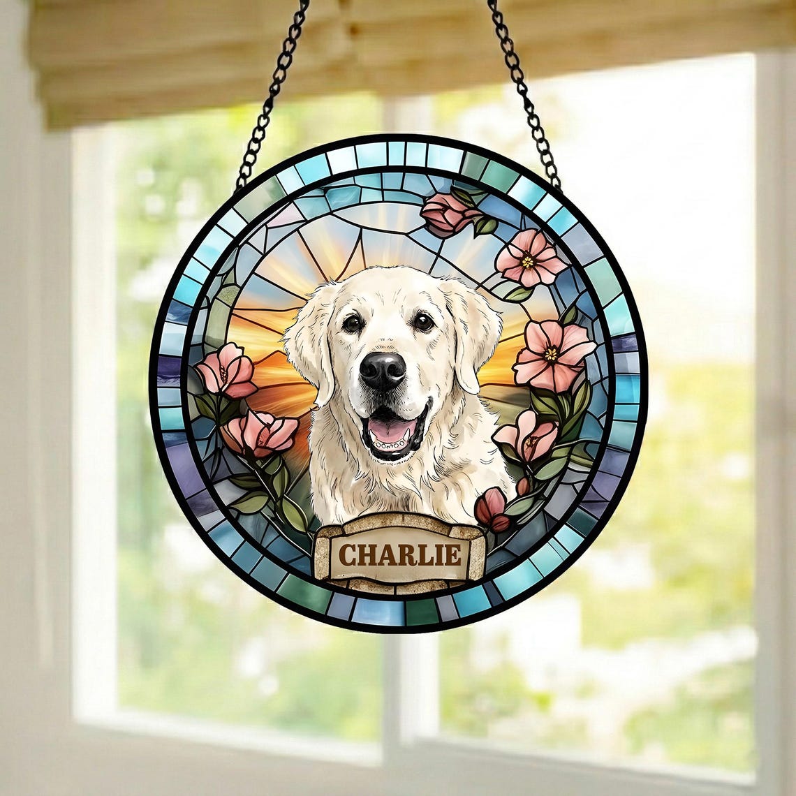 Portrait d'animal personnalisé en vitrail, attrape-soleil, souvenir pour animaux de compagnie, cadeau commémoratif pour amoureux des chiens et des chats