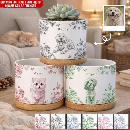 Toile De Jouy Pet Photo Planter – Custom Memorial Flower Pot Dog Loss Keepsake Pet Planter Pot Dog Mom Gift