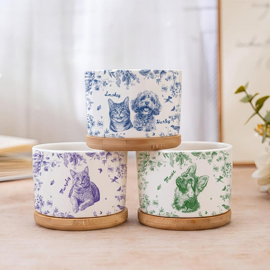 Custom Pet Portrait Planter Pot Pet Memorial Flower Pot Toile De Jouy Pet Photo Planter Dog Mom Gift