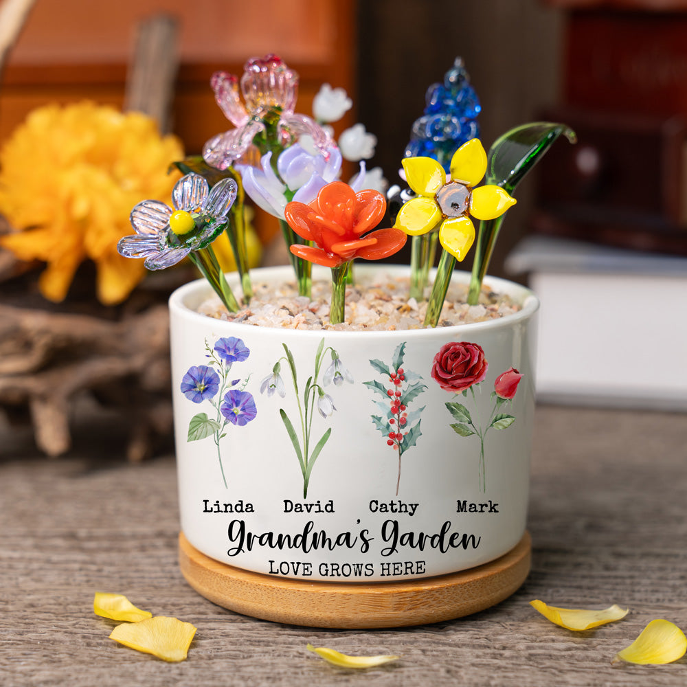 Custom Birth Flower Pot with Mini Glass Flower Spring Decoration Mother's Day Gift