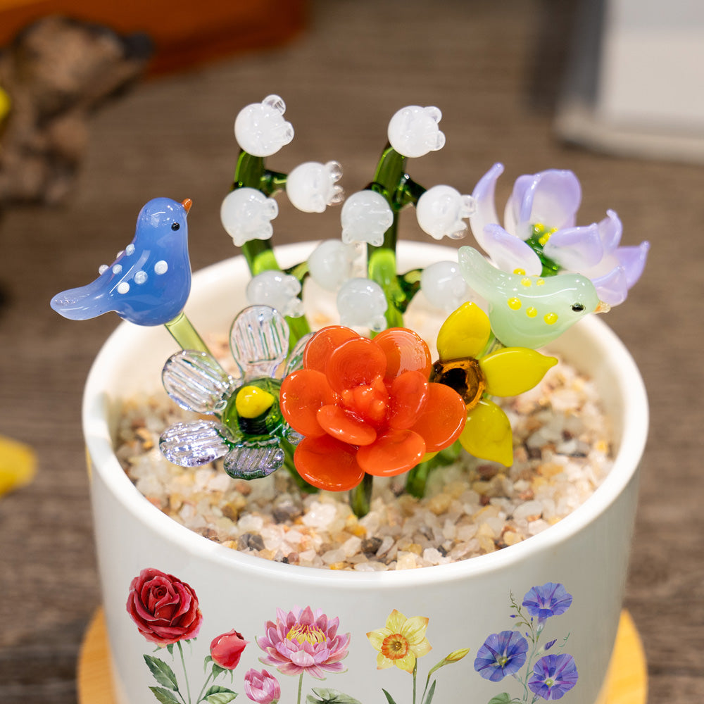 Custom Birth Flower Pot with Mini Glass Flower Spring Decoration Mother's Day Gift
