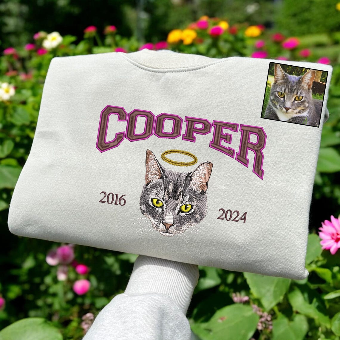 Personalized Pet Portrait Sweatshirt Embroidered Cat Face and Name EST Hoodie Pet Sympathy Gifts  for Pet Lovers