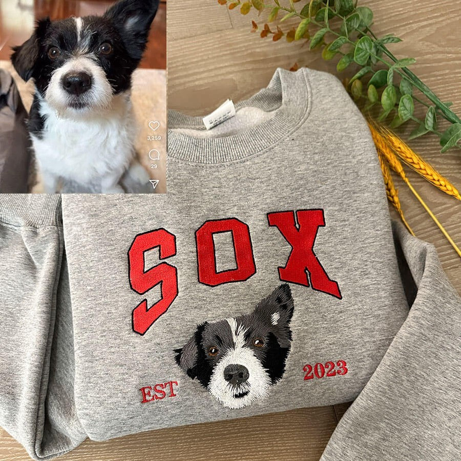 Embroidered Pet Portrait EST Sweatshirt Custom Puppy Face and Name Hoodie Pet Sympathy Dog Memorial Gifts for Dog Lovers