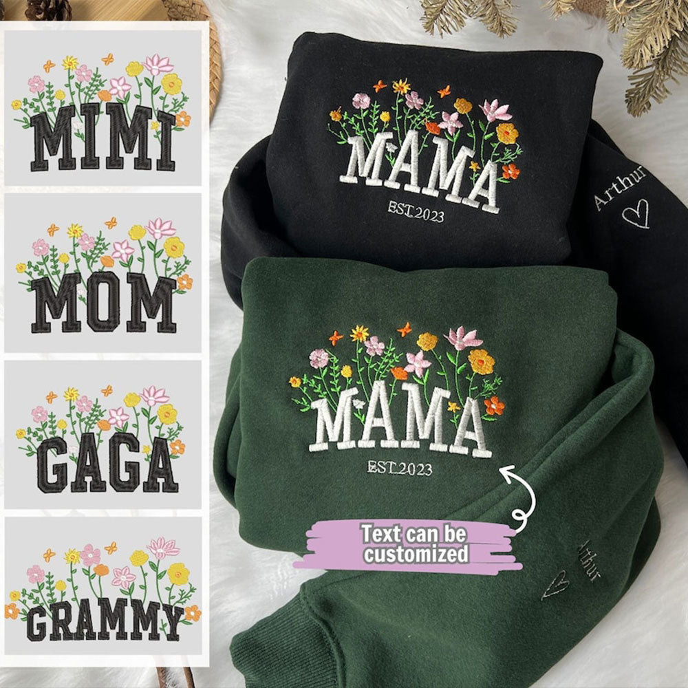 Besticktes Sweatshirt mit Blumenmuster „MAMA EST“ und Kindernamen, Geschenk für neue Mama, Muttertagsgeschenk
