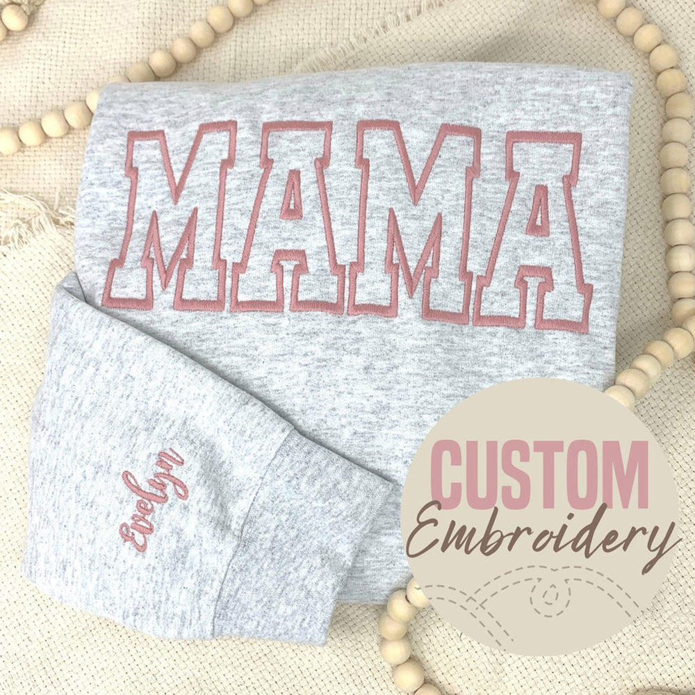 Embroidered MAMA Crewneck Sweatshirt Kid Name on Sleeve Gift for Mom