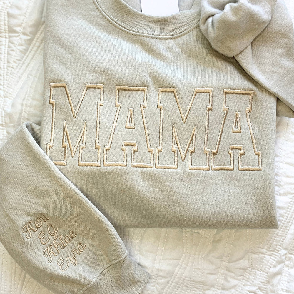 Embroidered MAMA Crewneck Sweatshirt Kid Name on Sleeve Gift for Mom