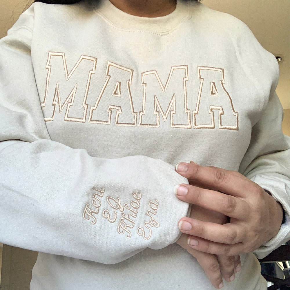 Embroidered MAMA Crewneck Sweatshirt Kid Name on Sleeve Gift for Mom