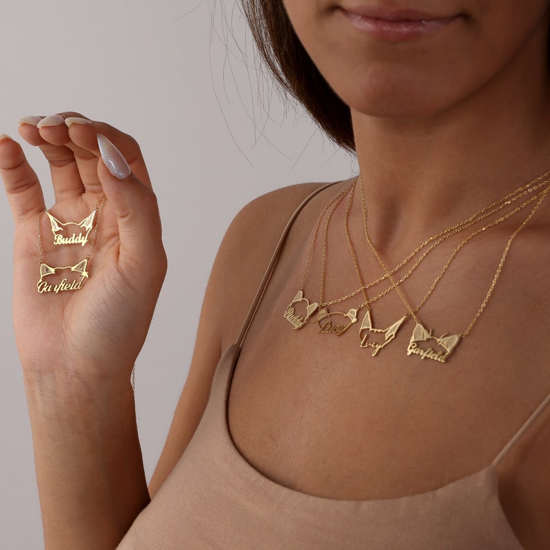 Custom Cat Ear Necklace Cat Name Necklace Pet Jewelry Gift for Her Pet Memorial Gift for Pet Lovers