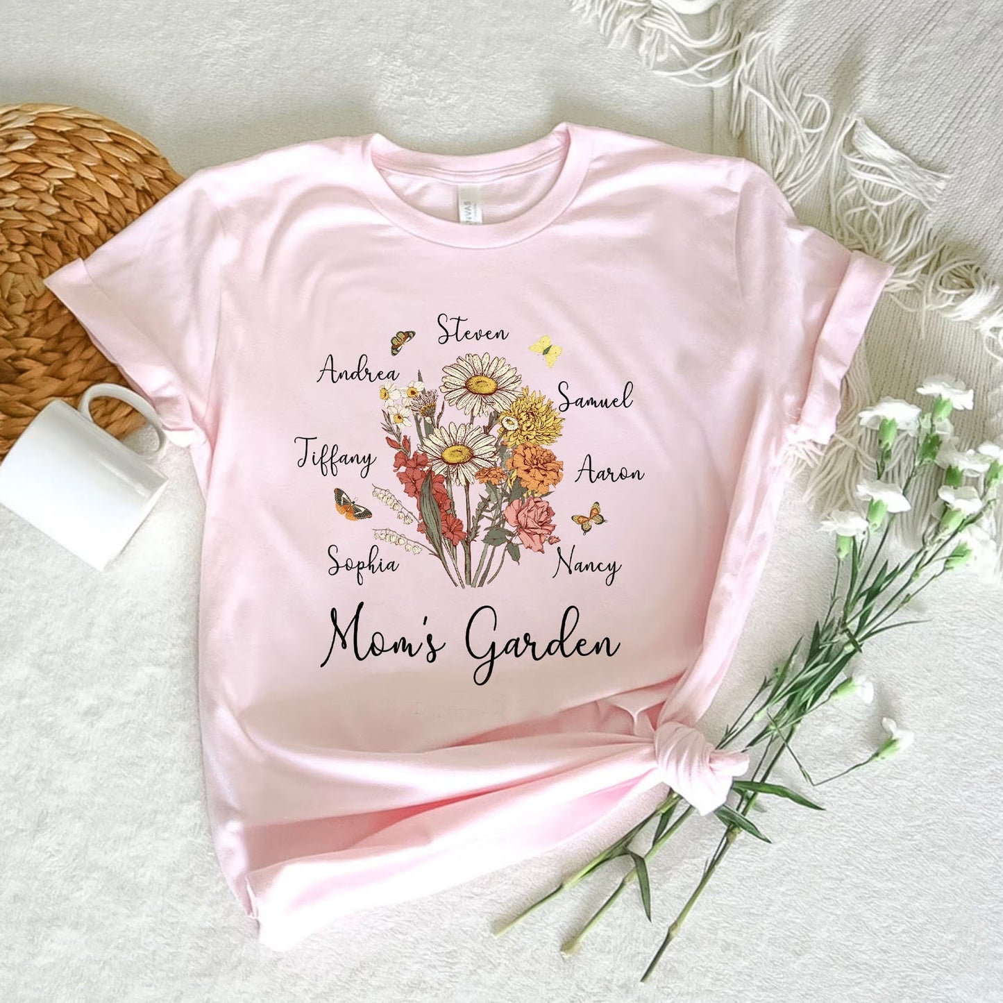 Personalisiertes Mamas Garten Geburtsblumenstrauß Shirt mit Kindernamen Muttertagsgeschenk für Mama Oma