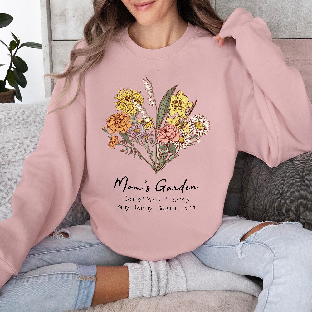Personalisierter Mamas Garten Geburtsblumenstrauß Hoodie mit Kindernamen Muttertagsgeschenk