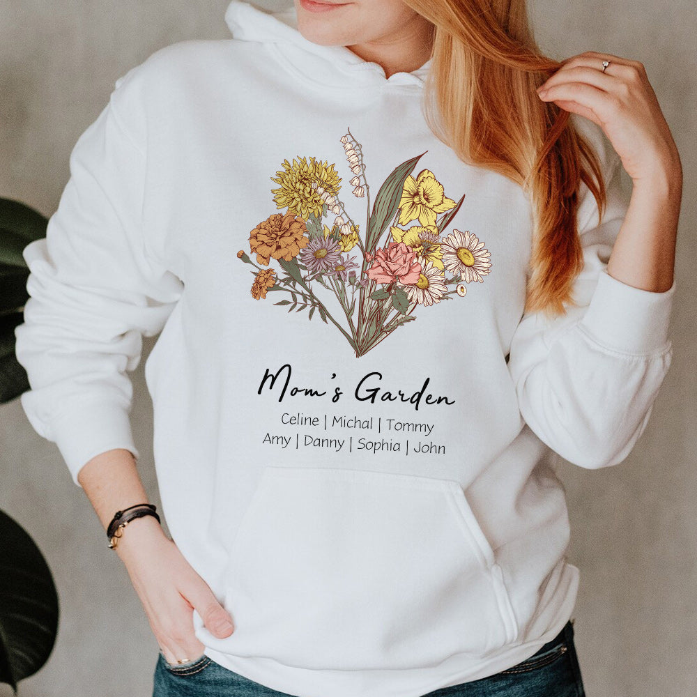 Personalisierter Mamas Garten Geburtsblumenstrauß Hoodie mit Kindernamen Muttertagsgeschenk