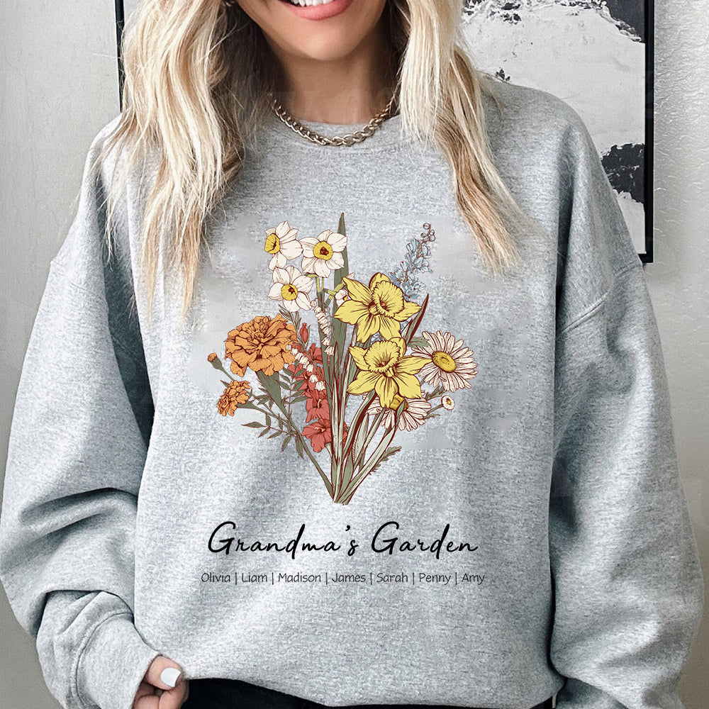 Personalisierter Mamas Garten Geburtsblumenstrauß Hoodie mit Kindernamen Muttertagsgeschenk