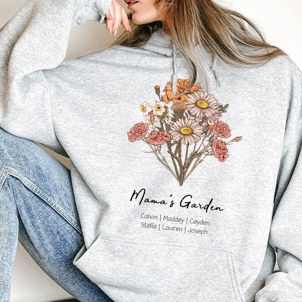 Personalisierter Mamas Garten Geburtsblumenstrauß Hoodie mit Kindernamen Muttertagsgeschenk