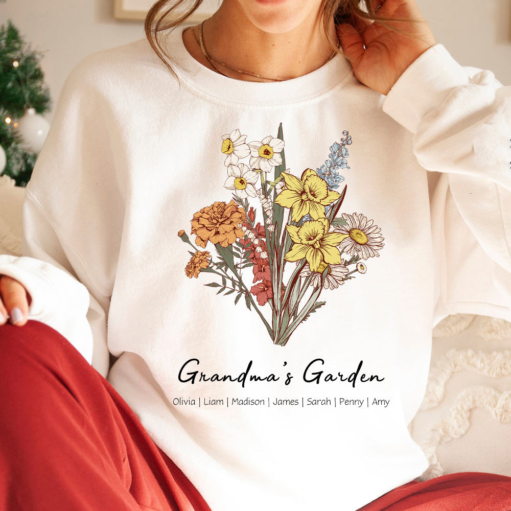 Personalisierter Mamas Garten Geburtsblumenstrauß Hoodie mit Kindernamen Muttertagsgeschenk