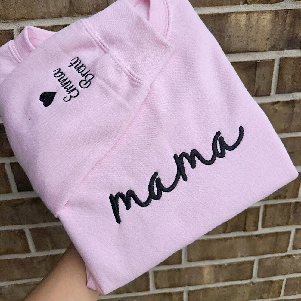 Custom Embroidered Mama Sweatshirt with Kids Names on Sleeve Mother's Day Gift for Mom Grandma