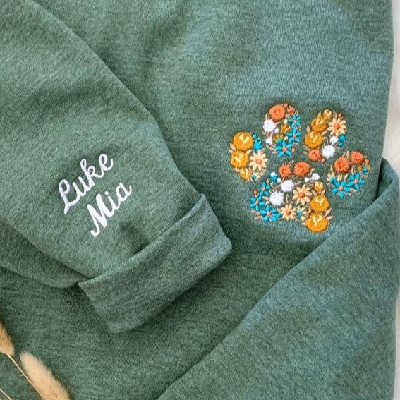 Personalized Embroidered Pet Paw Sweatshirt Hoodie with Pet Names on Sleeve Gift for Pet Lovers