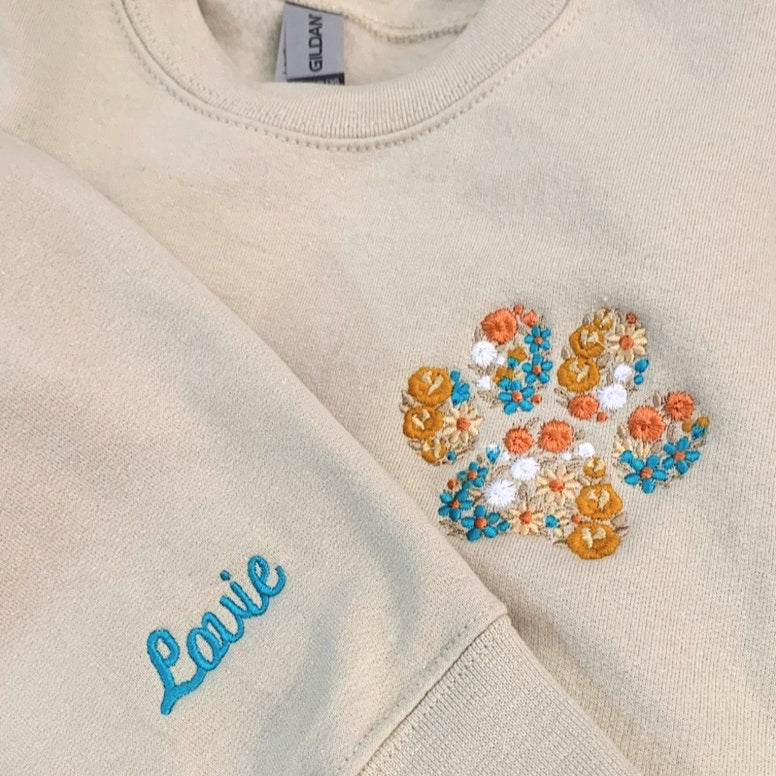 Personalized Embroidered Pet Paw Sweatshirt Hoodie with Pet Names on Sleeve Gift for Pet Lovers