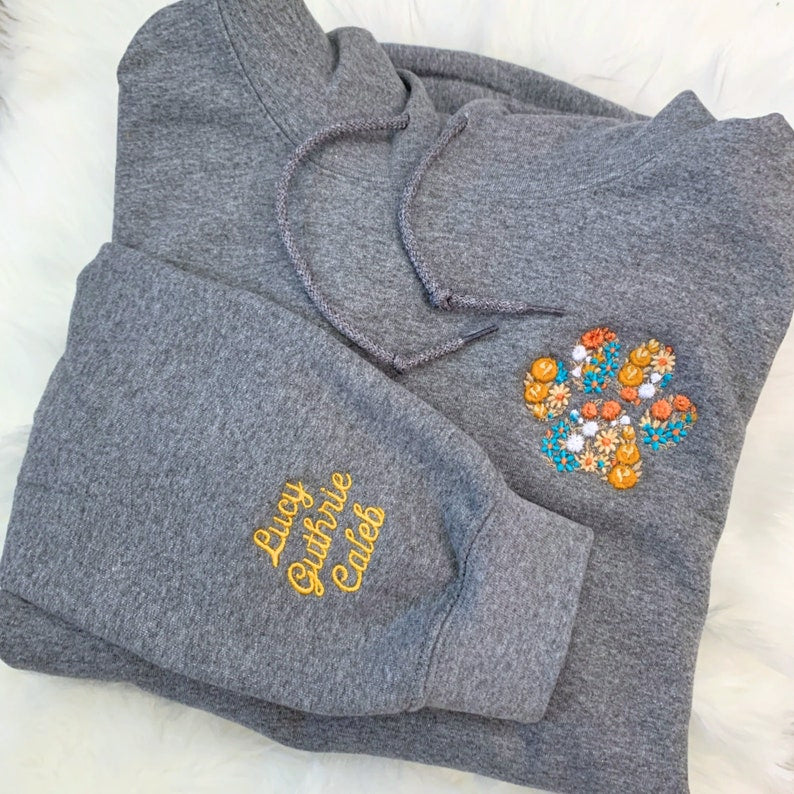 Personalized Embroidered Pet Paw Sweatshirt Hoodie with Pet Names on Sleeve Gift for Pet Lovers