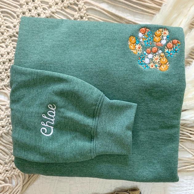 Personalized Embroidered Pet Paw Sweatshirt Hoodie with Pet Names on Sleeve Gift for Pet Lovers