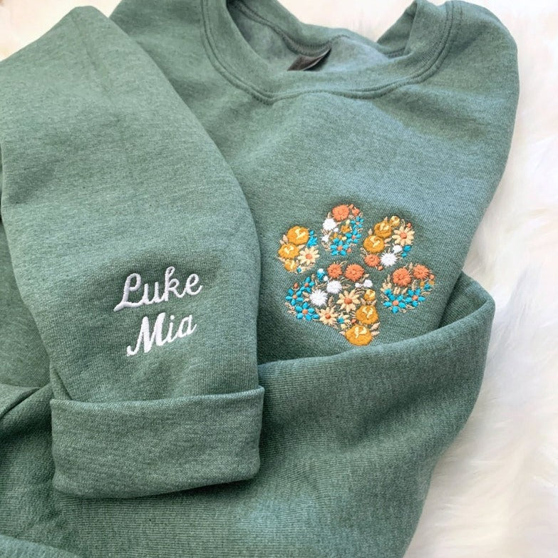 Personalized Embroidered Pet Paw Sweatshirt Hoodie with Pet Names on Sleeve Gift for Pet Lovers
