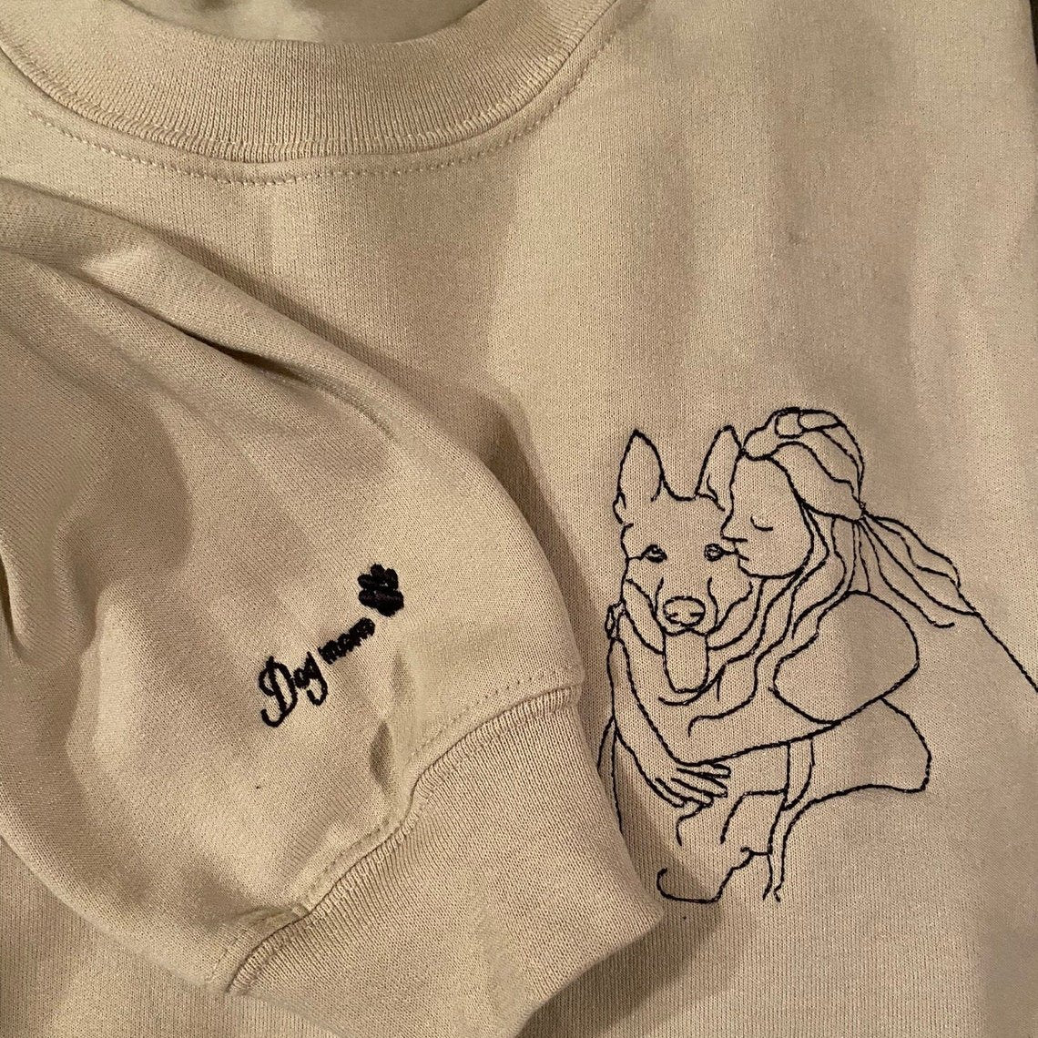 Embroidered Portrait Line Art Sweatshirt Hoodie Gift for Dog Mom/Dad Any Pet Lovers