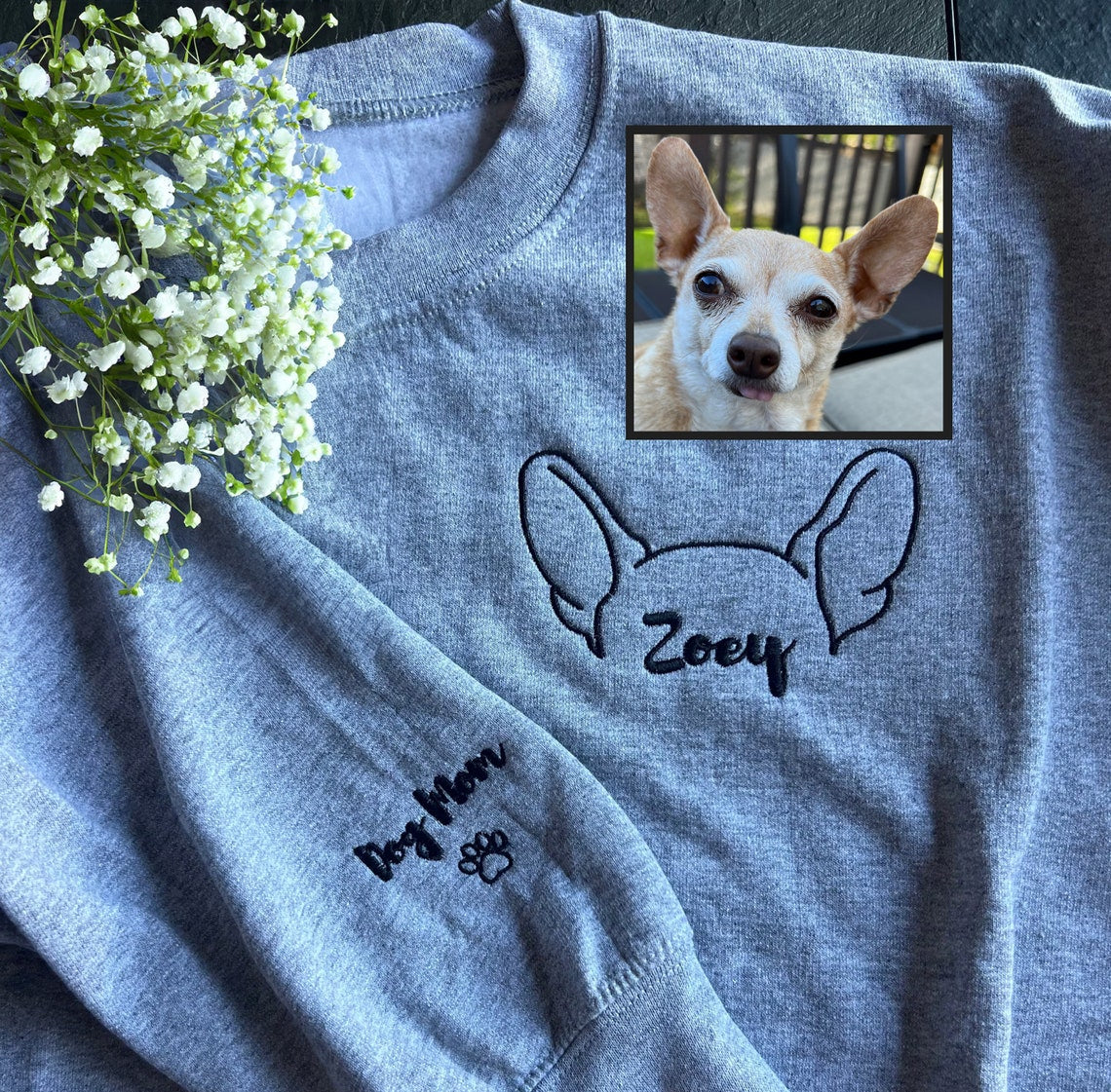 Custom Embroidered Dog Ear Outline Sweatshirt Hoodie With Names Keepsake Gift For Pet Lovers