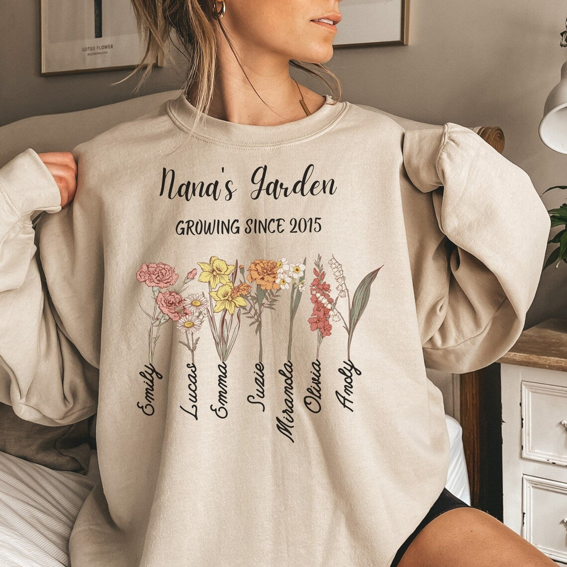 Personalized Nana's Garden Birth Flower Sweatshirt with Grandkid's Names Mother's Day Gift