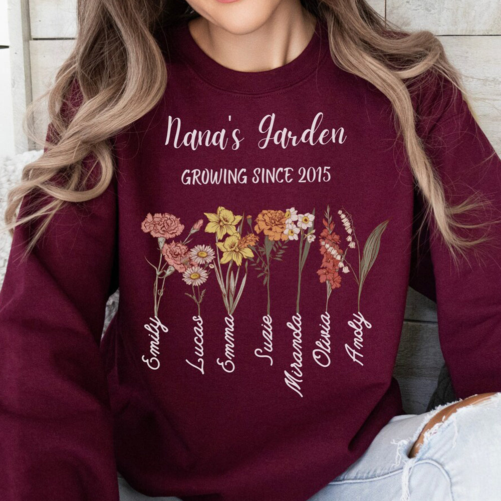 Personalized Nana's Garden Birth Flower Sweatshirt with Grandkid's Names Mother's Day Gift