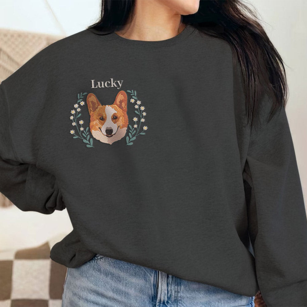 Personalisiertes besticktes Haustiergesicht und Haustiername Sweatshirt Hundeportrait bestickt Crewneck Haustierliebhaber Geschenk