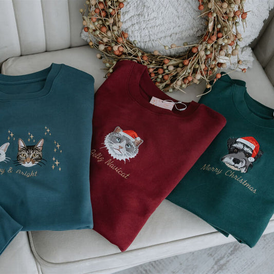 Custom Embroidered Pet Portrait Christmas Sweatshirt Hoodie Christmas Keepsake Gift for Dog & Cat Lovers