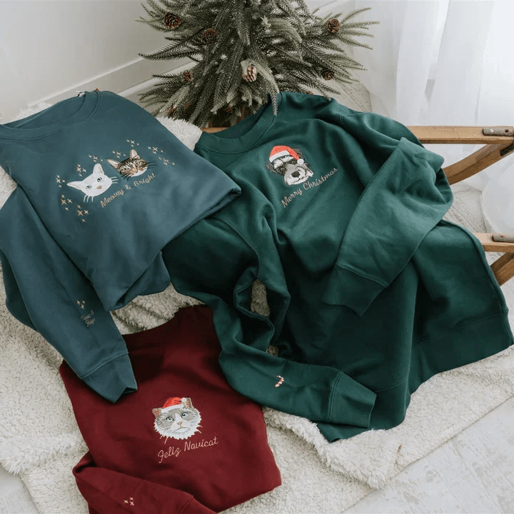Embroidered Pet Portrait Christmas Sweatshirt Hoodie with Pet Face Gift for Pet Lovers